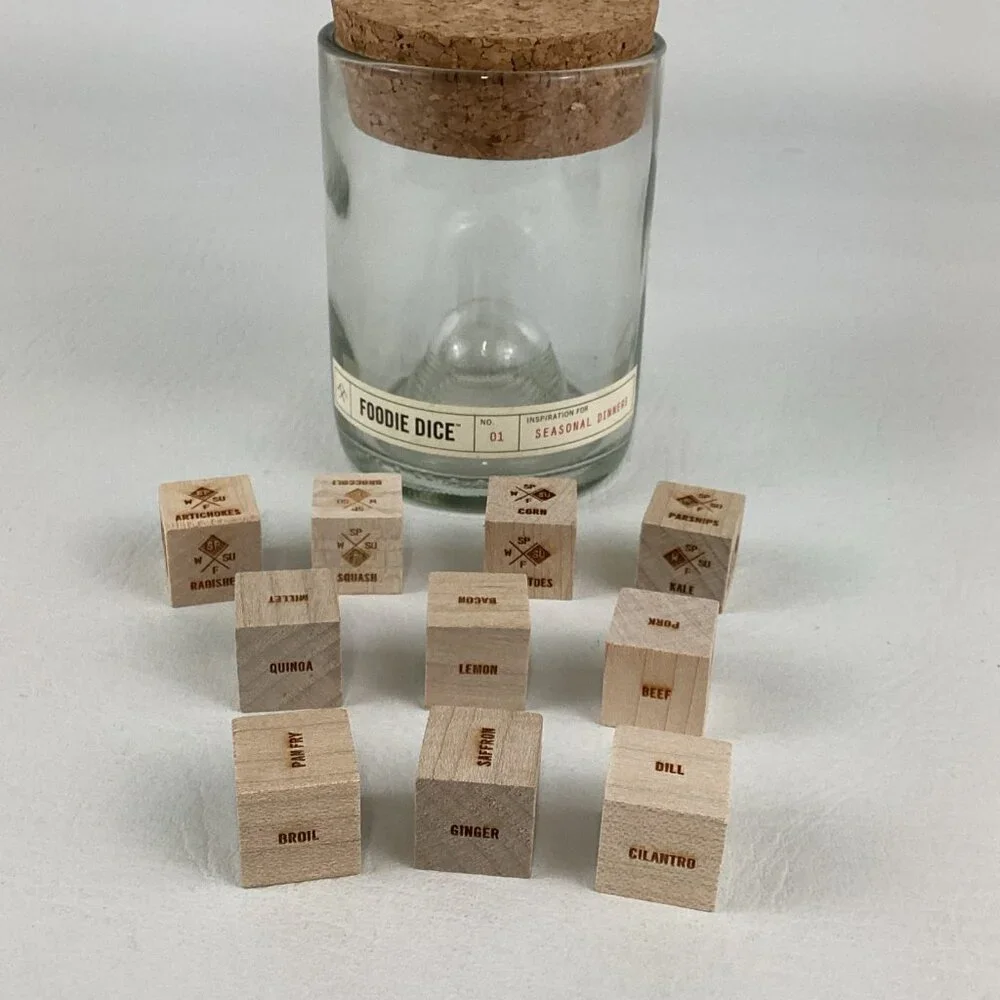 Foodie Dice Seasonal Dinner Inspiration Glass Tumbler Cork Lid Brainstorm Meals - Picture 2 of 9
